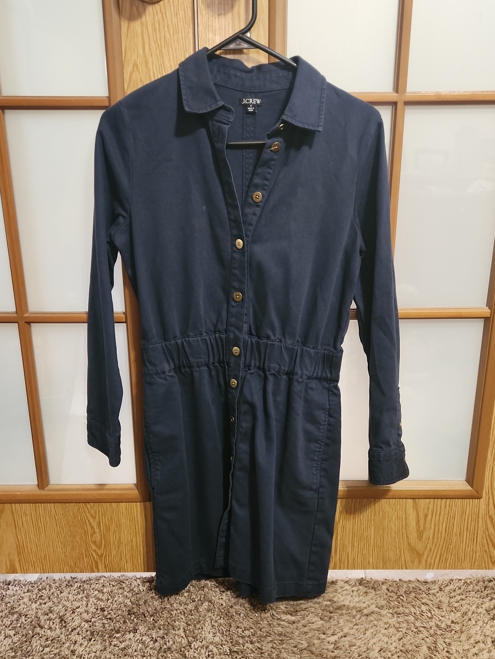 J. Crew Long Sleeve Button Front Elastic Waist Chino Dress Navy Size 0